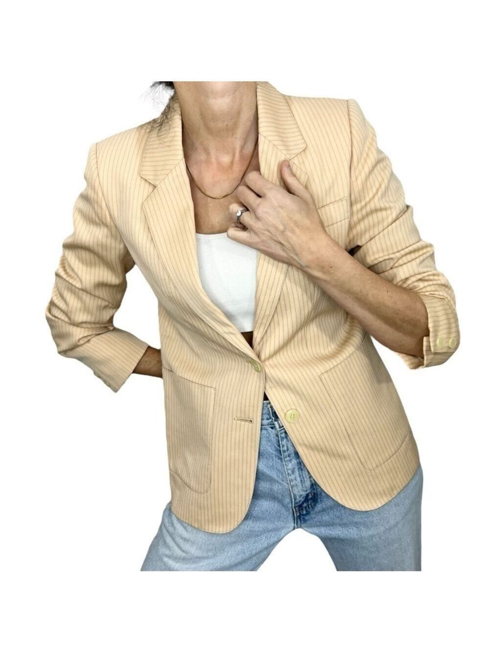 Vintage 70s union made 100% wool peachy tan pin stripe tailored jacket blazer 38